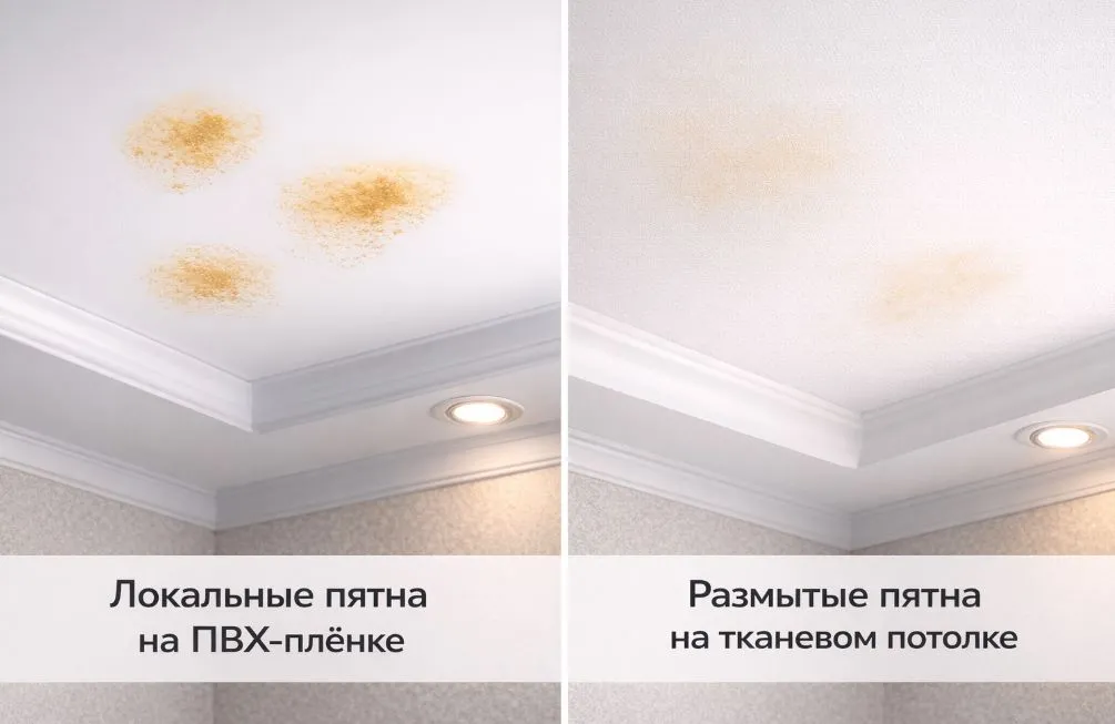 Появилось желтое пятно на натяжном потолке: что делать и как убрать?